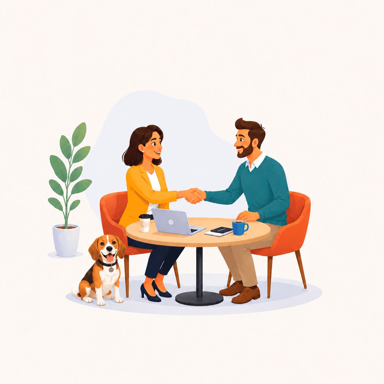 Two people shaking hands across a table while a beagle sits beside them